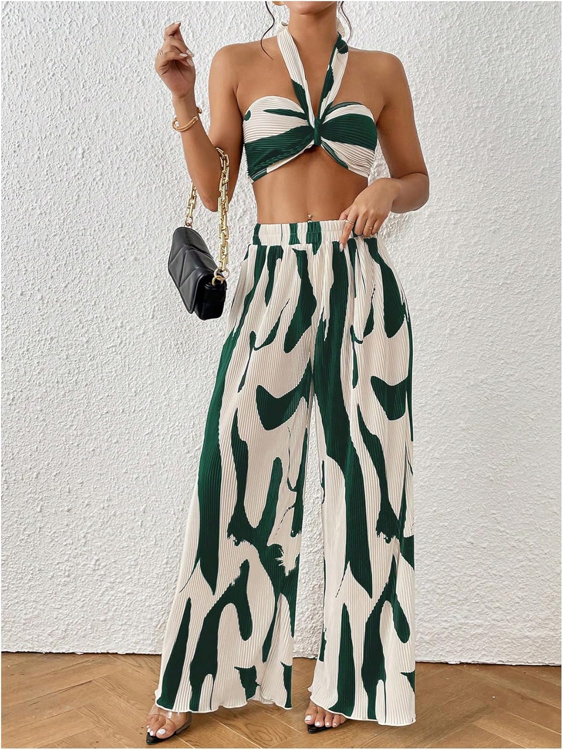 Two Piece Set – Halter Crop Top & Wide Leg Pants