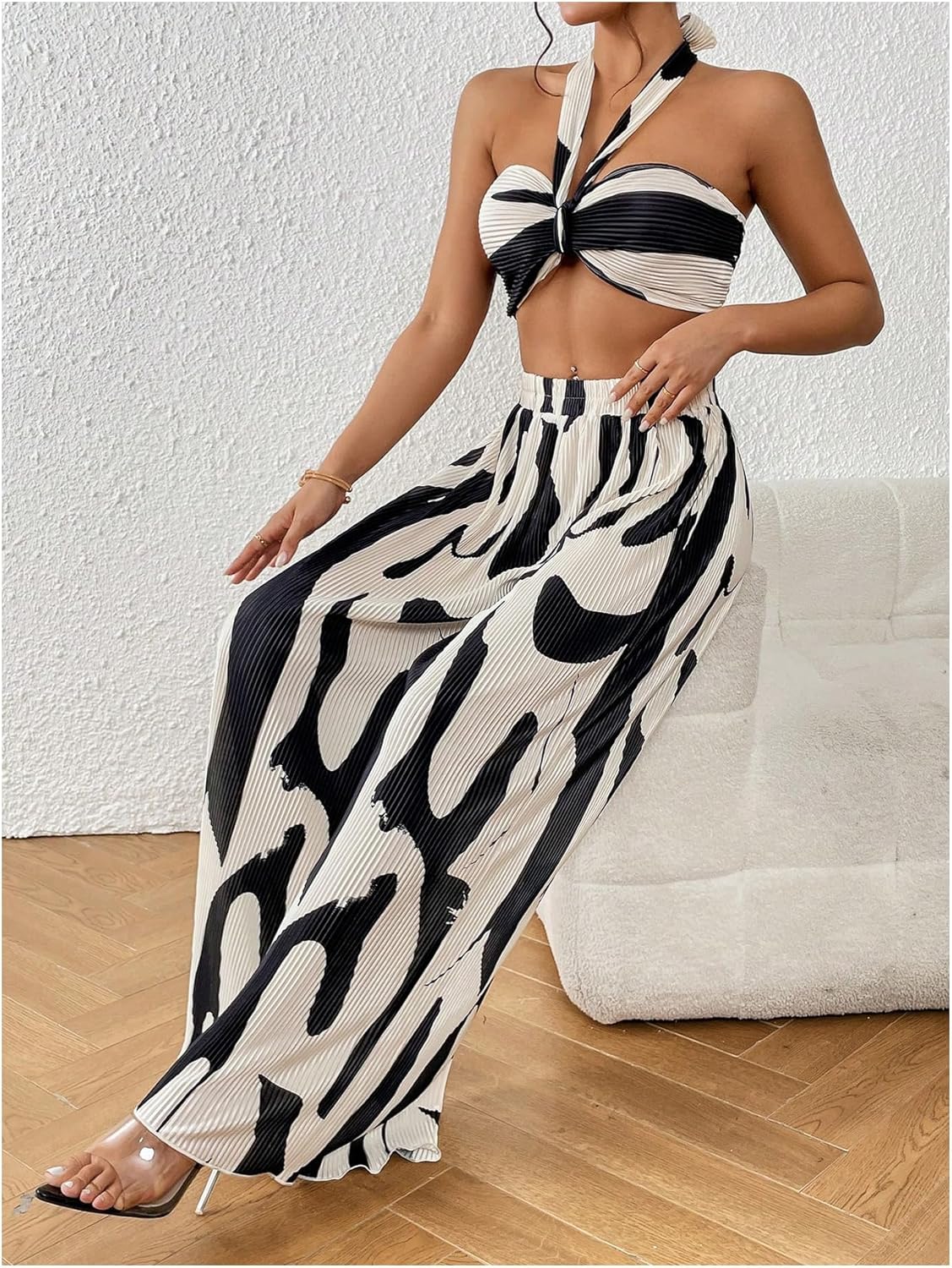 Two Piece Set – Halter Crop Top & Wide Leg Pants