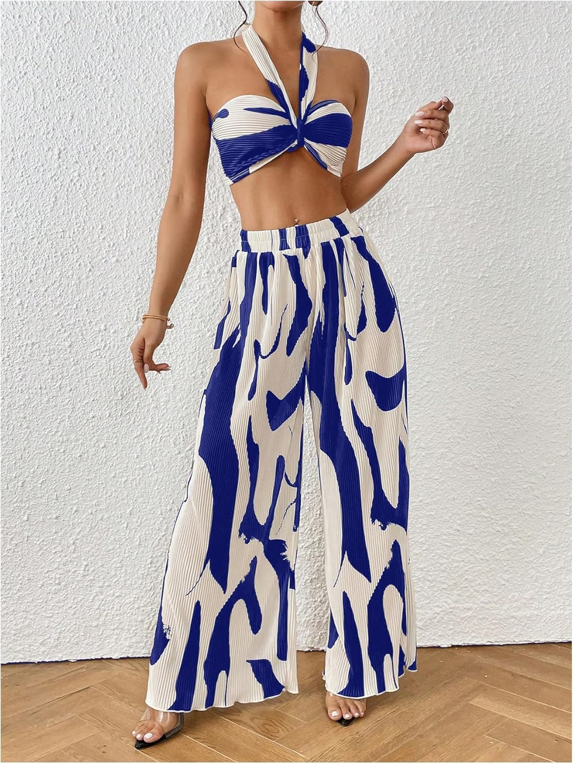 Two Piece Set – Halter Crop Top & Wide Leg Pants