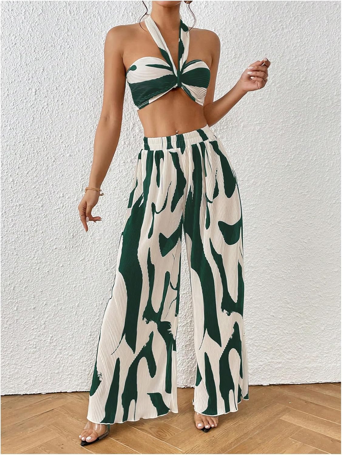 Two Piece Set – Halter Crop Top & Wide Leg Pants
