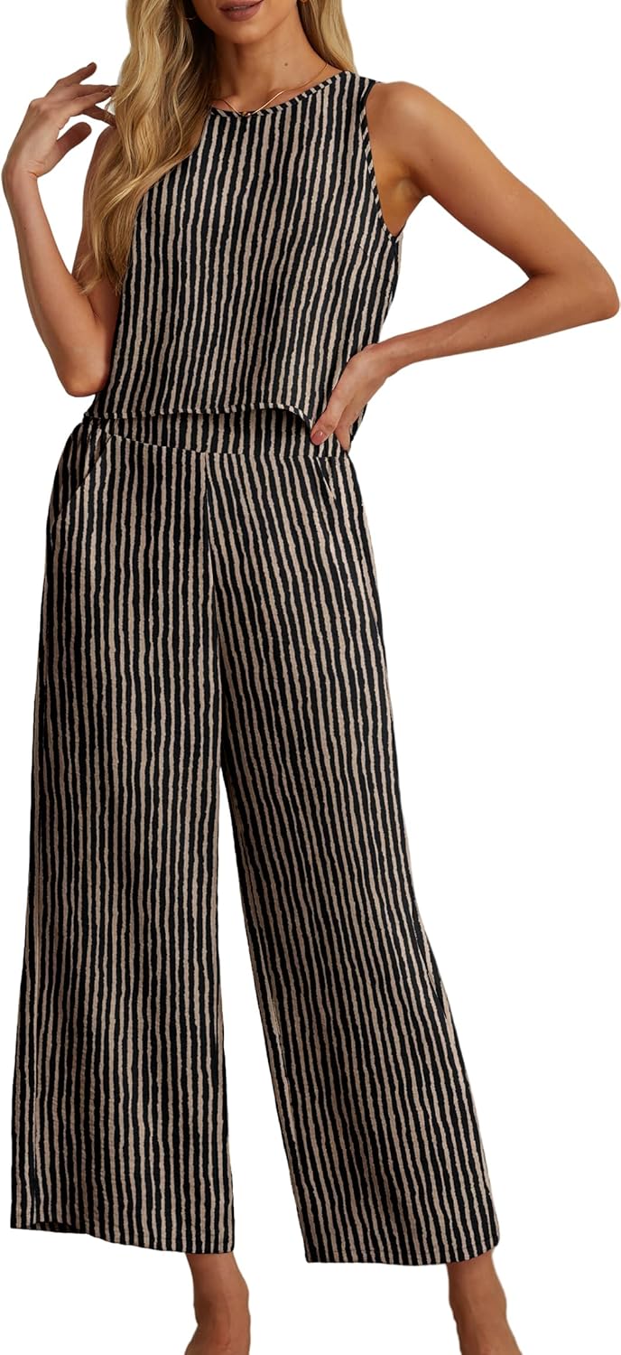 Stripe Jumpsuit – Sleeveless Round Neck Wide Leg Summer Outfit