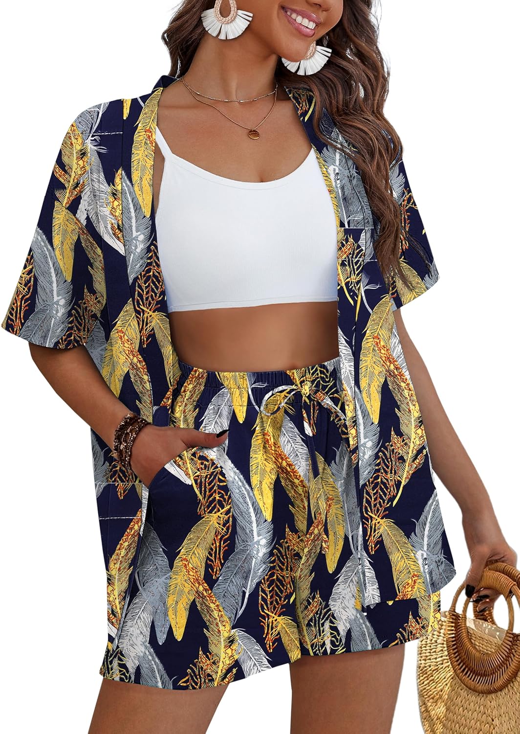 Printed Two Piece Set – Kimono Shirt & Shorts Beachwear Cover Up