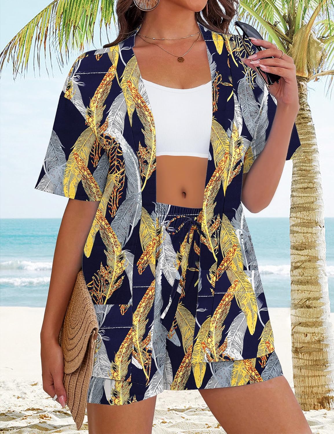 Printed Two Piece Set – Kimono Shirt & Shorts Beachwear Cover Up