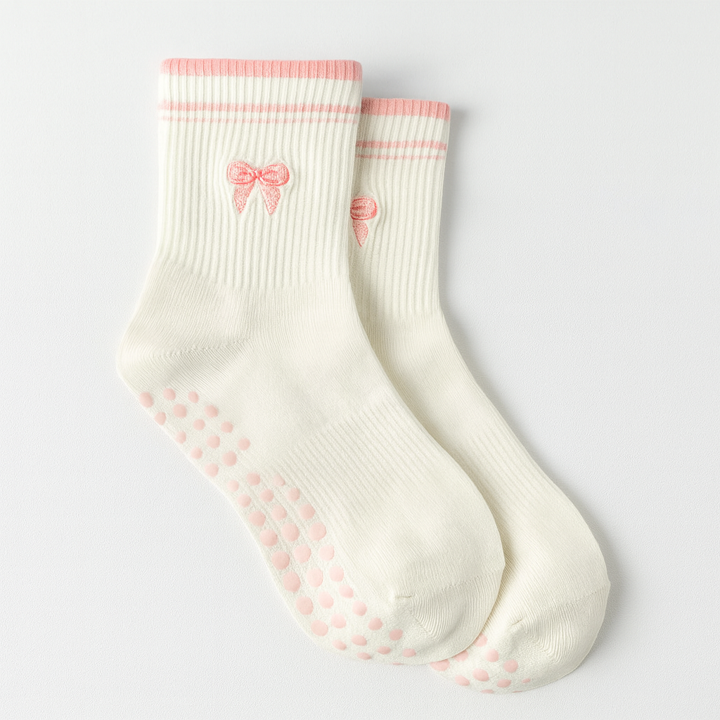 Light Pink Non Slip Grip Socks Women – Pilates, Yoga & Fitness Knitted Embroidered Socks