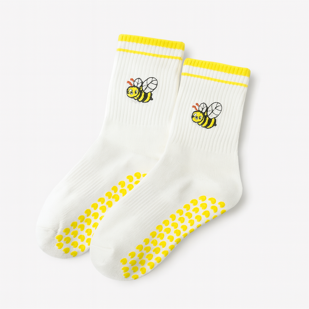 Yellow Non Slip Grip Socks Women – Pilates, Yoga & Fitness Knitted Embroidered Socks