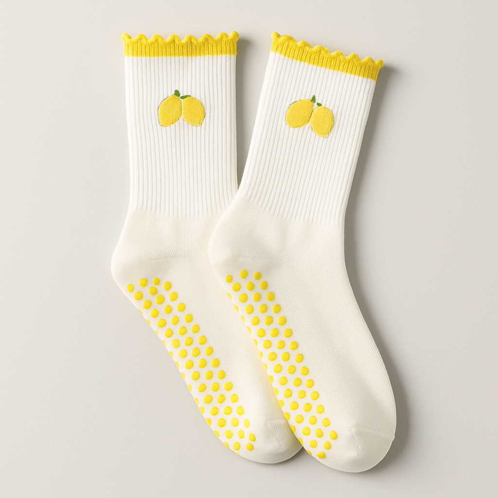 Ruffle Yellow Non Slip Grip Socks Women – Pilates, Yoga & Fitness Knitted Embroidered Socks
