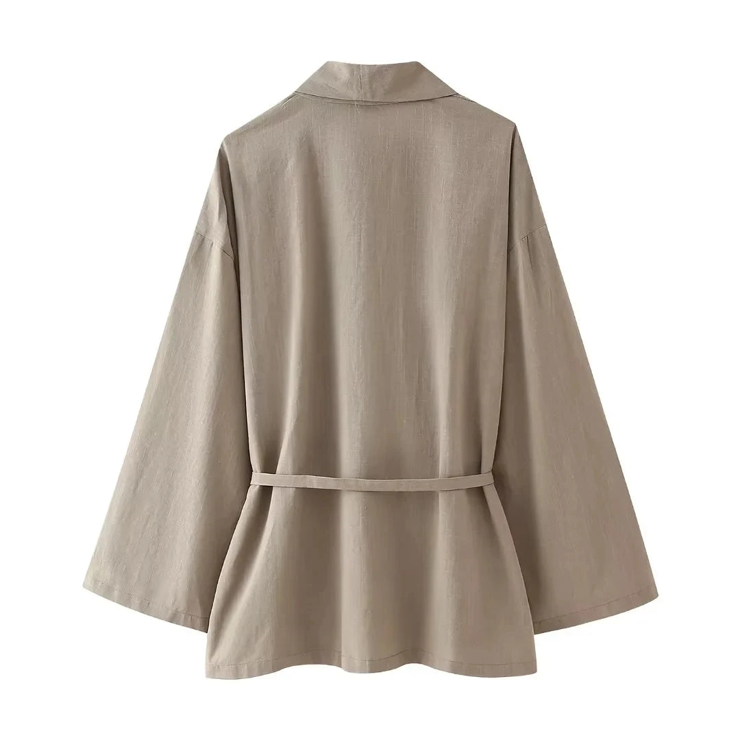 Khaki Two Piece Set – Loose Belted Blazer and Wide Leg Trousers