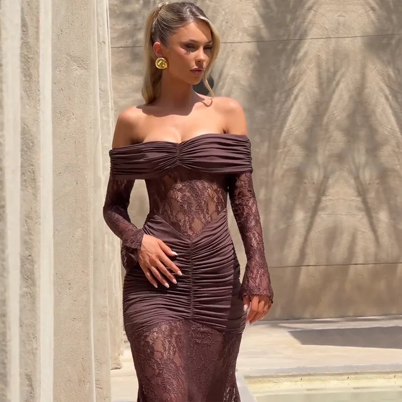 Off Shoulder Lace Maxi Dress – Elegant Ruched Long Sleeve Gown