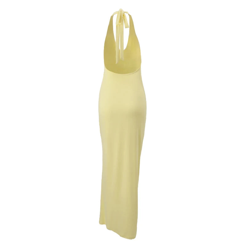 Yellow Halter Neck Maxi Dress – Sleeveless Slim Fit Summer Beachwear