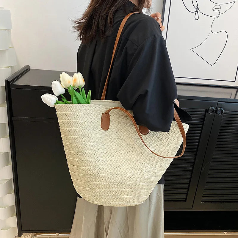 Straw Tote Bag – Large Capacity Woven Shoulder Handbag