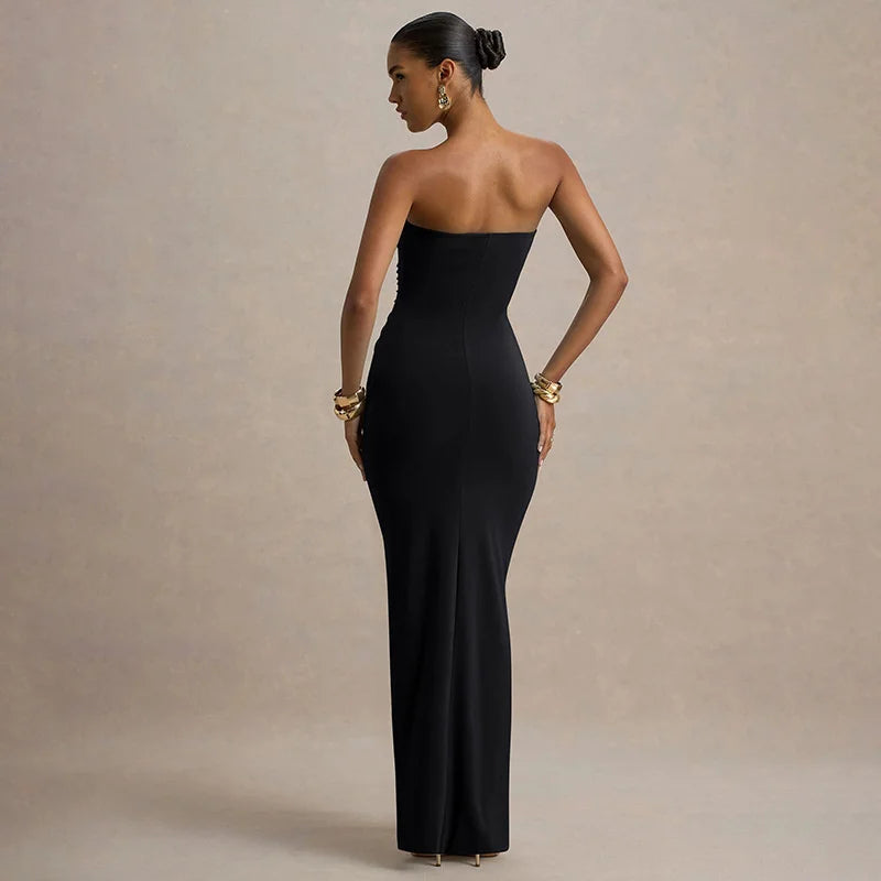 Strapless Maxi Dress – Elegant Ruched Bodycon Evening Gown