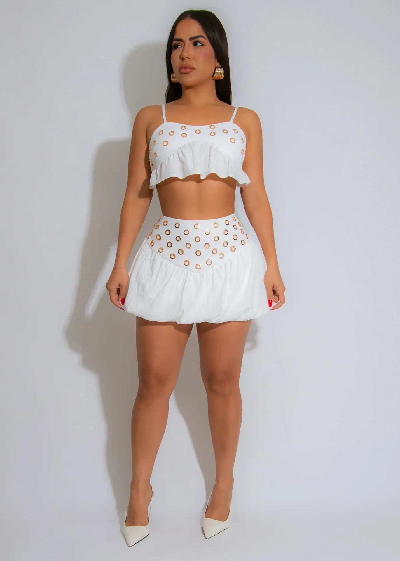 Eyelet Two Piece Set – Crop Tank Top and Pleated Mini Skirt Outfit
