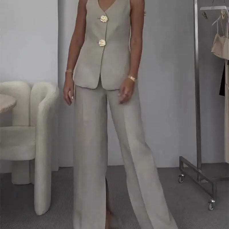 Two Piece Set – Sleeveless V Neck Vest & High Waist Wide Leg Pants