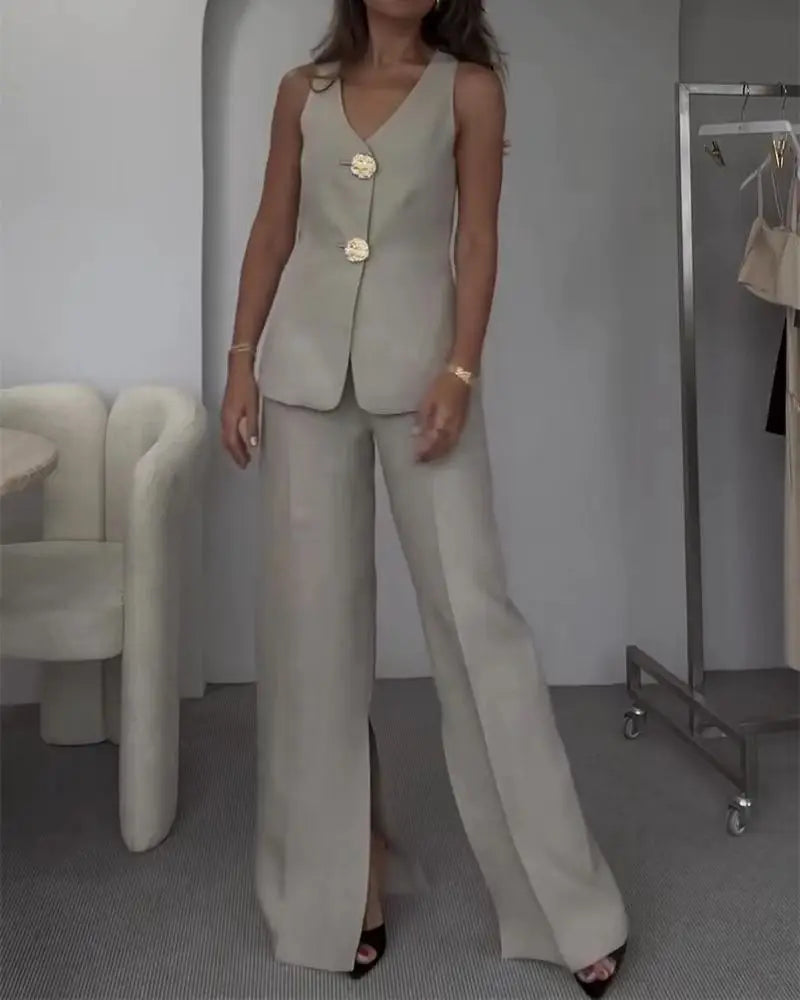 Two Piece Set – Sleeveless V Neck Vest & High Waist Wide Leg Pants