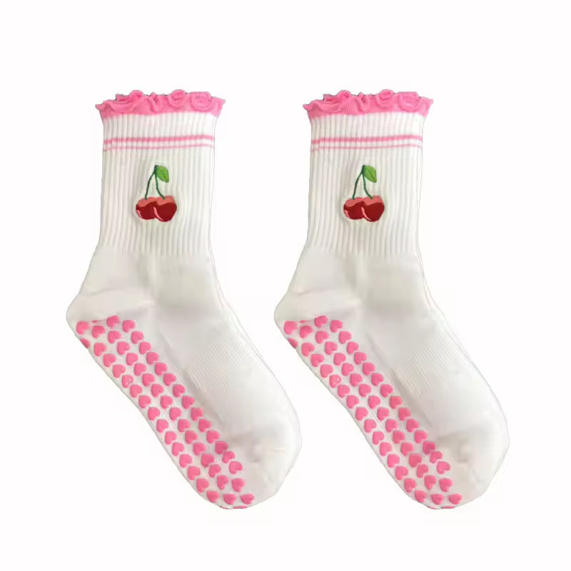 Ruffle Pink Non Slip Grip Socks Women – Pilates, Yoga & Fitness Knitted Embroidered Socks