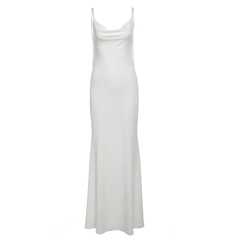 White Satin Cowl Neck Slip Dress – Spaghetti Strap Maxi Gown