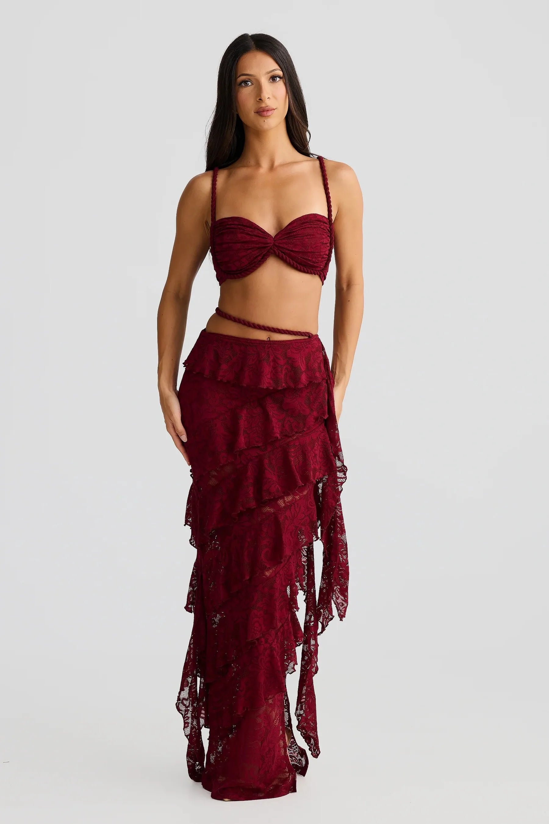 Lace Two Piece Set – Crop Top & Ruffle Maxi Skirt