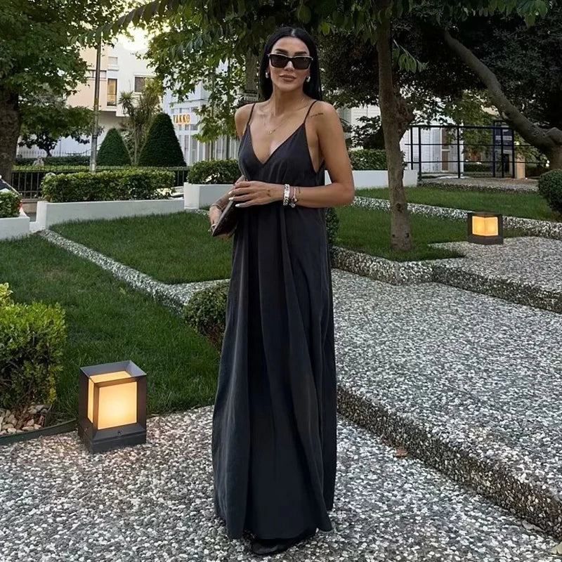 Black Spaghetti Strap Maxi Dress – Elegant Backless Evening Party Gown