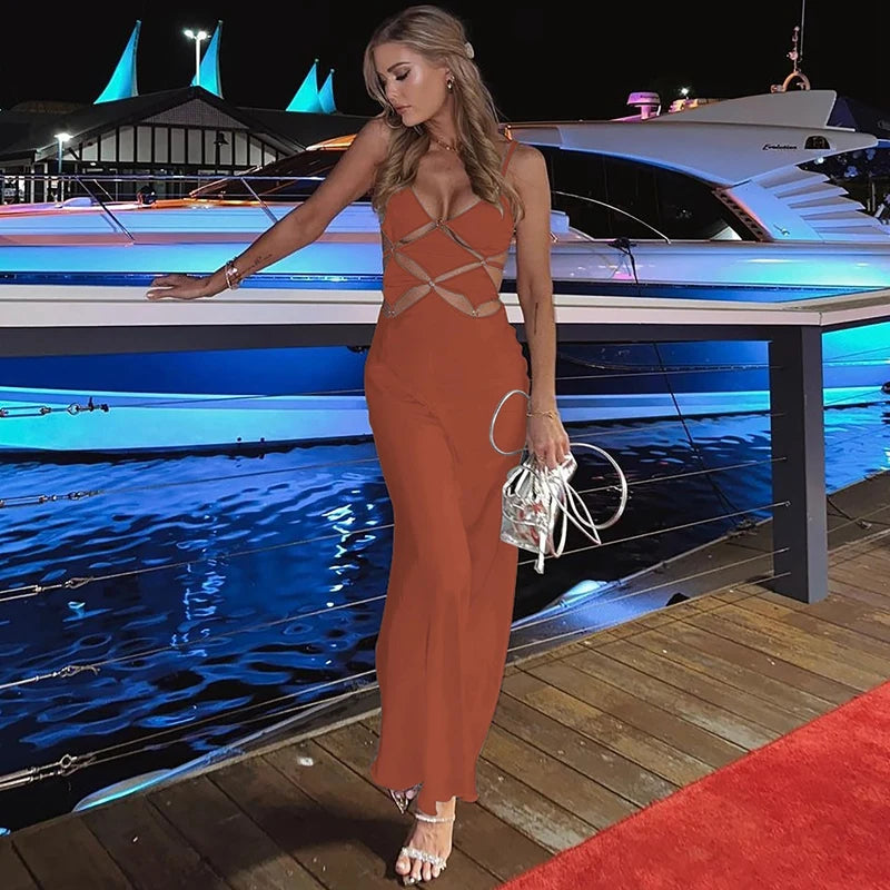 Satin Maxi Dress – Cut Out Spaghetti Strap Gown