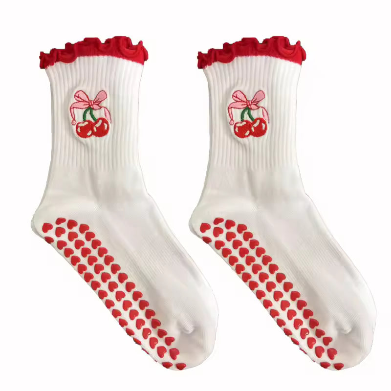 Red Non Slip Grip Socks Women – Pilates, Yoga & Fitness Knitted Embroidered Socks