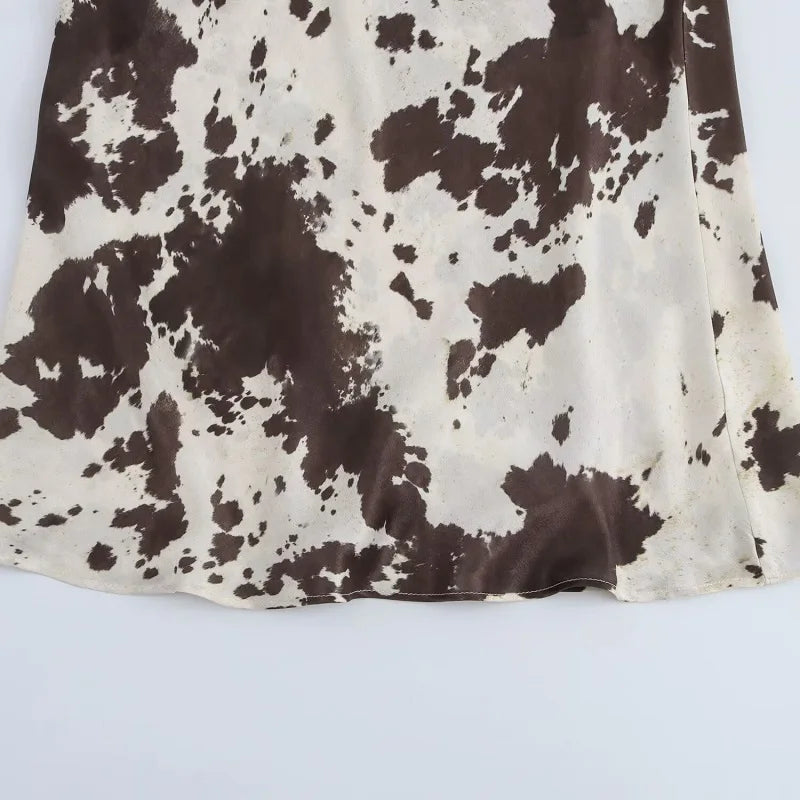 Cow Print Satin Set – Top & High Waist Skirt