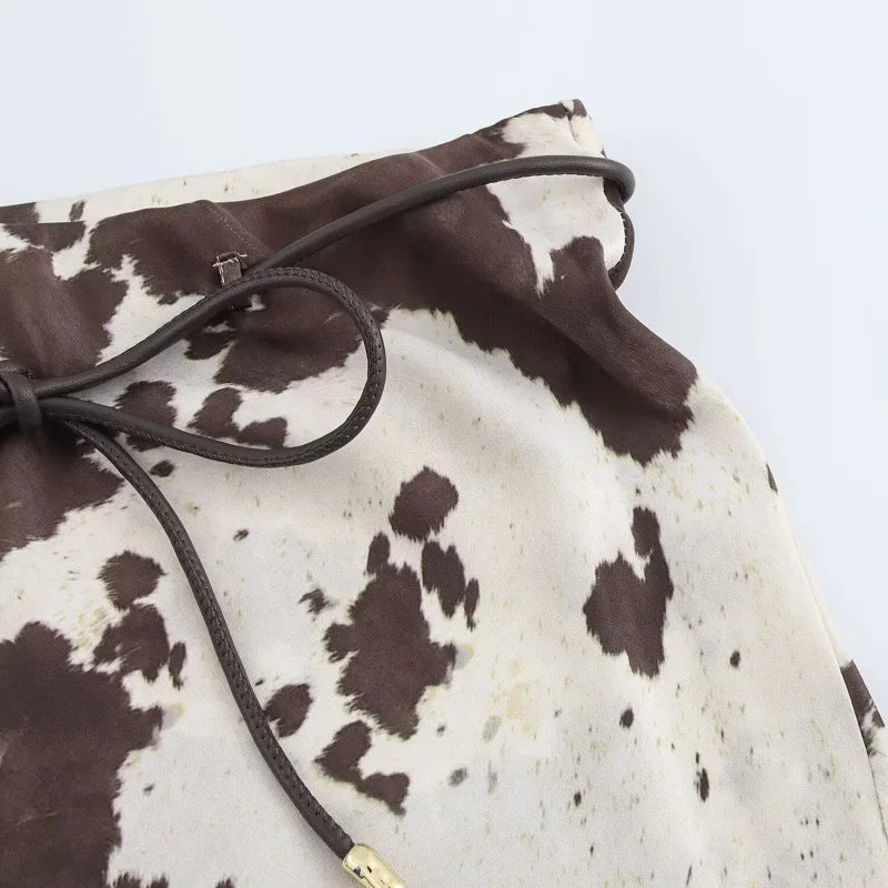 Cow Print Satin Set – Top & High Waist Skirt
