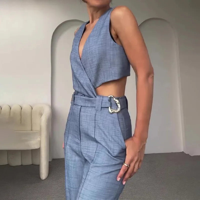 Summer Two Piece Set – Sleeveless Belted Vest Top & High Waist Wide Leg Pants