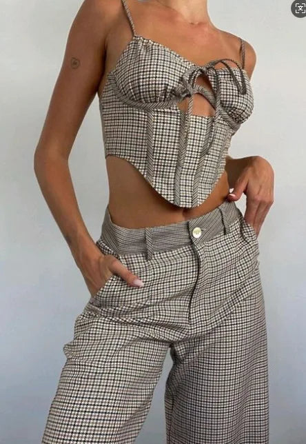Two Piece Set – Bustier Crop Top & Wide Leg Pants Outfit