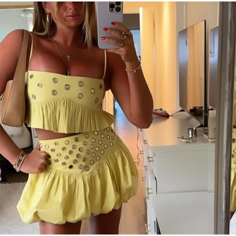 Eyelet Two Piece Set – Crop Tank Top and Pleated Mini Skirt Outfit