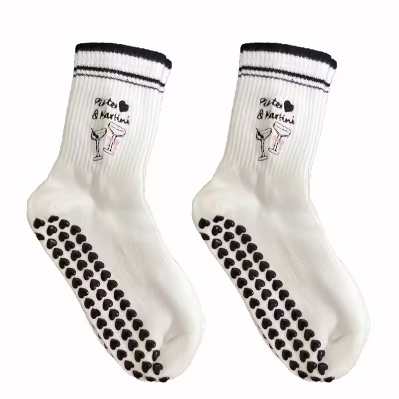 Black Non Slip Grip Socks Women – Pilates, Yoga & Fitness Embroidered Martini Design
