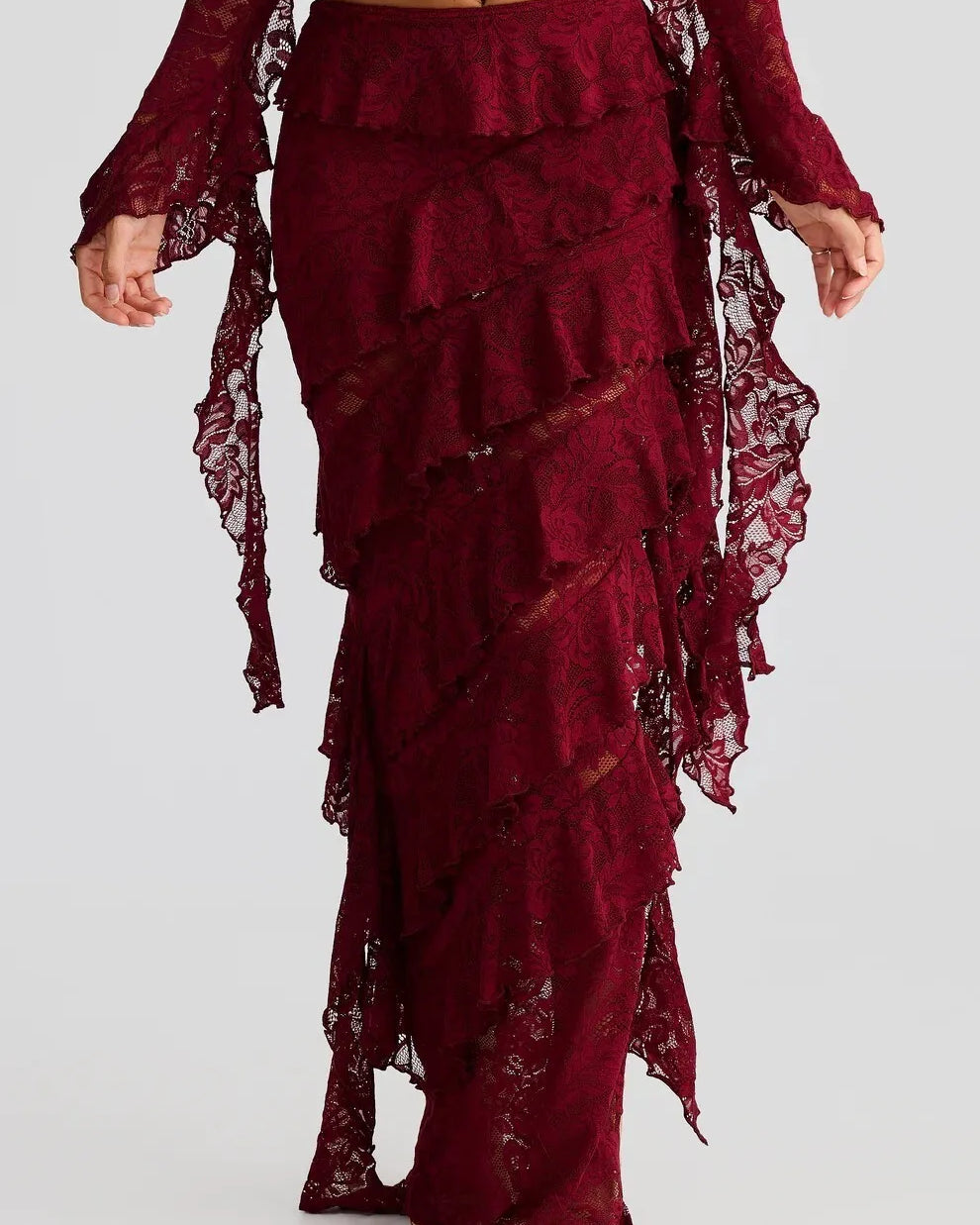 Lace Two Piece Set – Crop Top & Ruffle Maxi Skirt