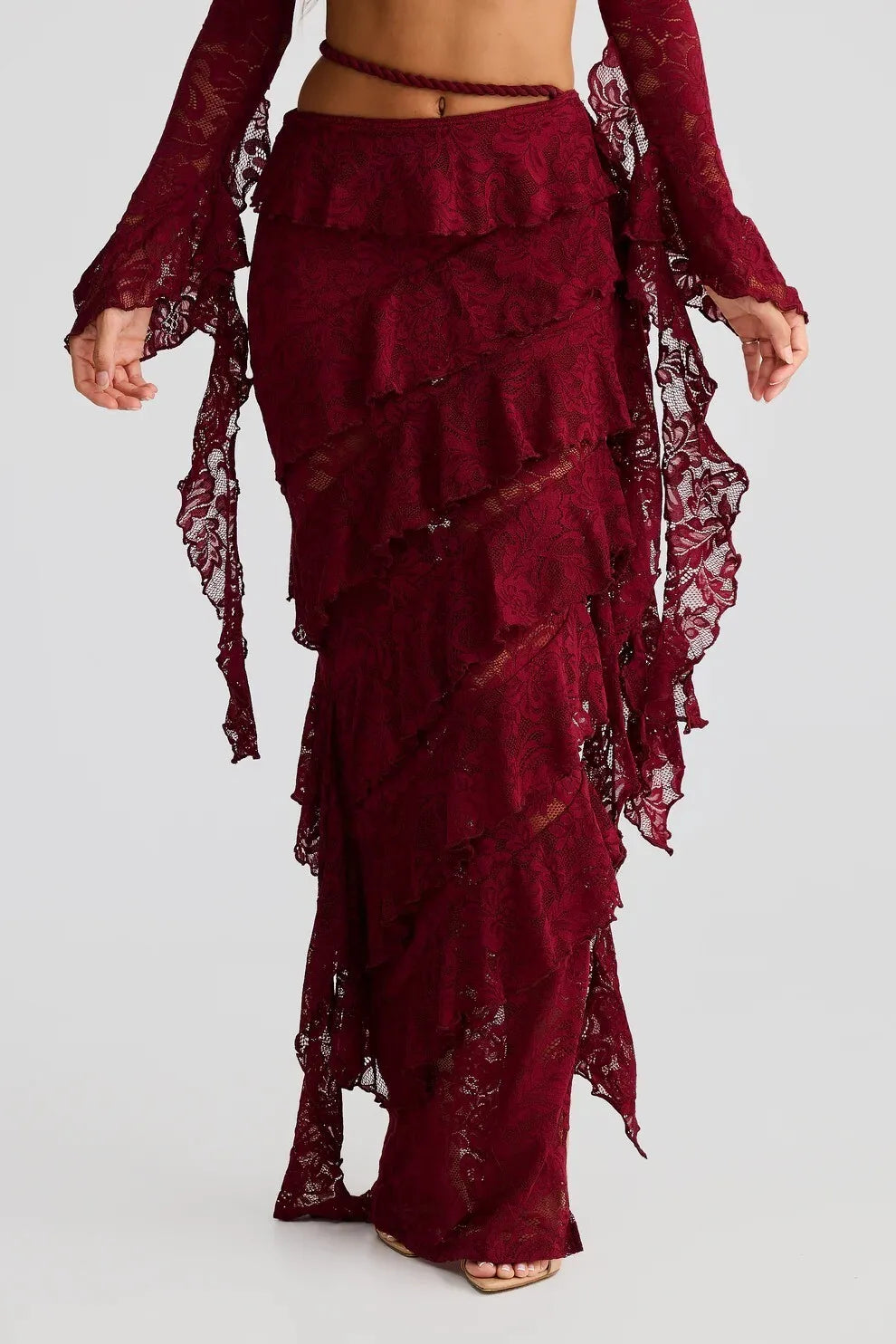 Lace Two Piece Set – Crop Top & Ruffle Maxi Skirt