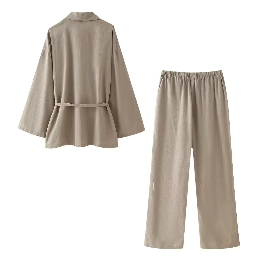 Khaki Two Piece Set – Loose Belted Blazer and Wide Leg Trousers