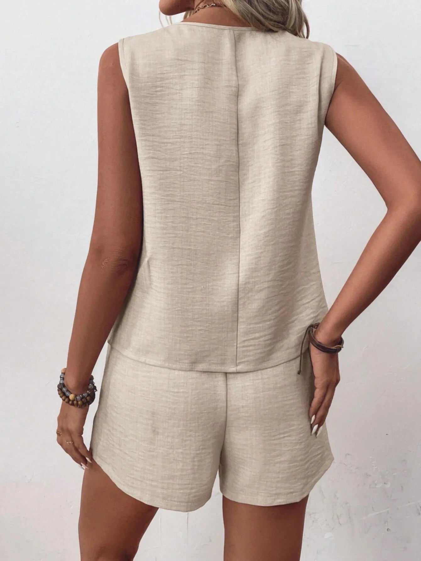 Linen Two Piece Set – Sleeveless V Neck Button Top & High Waist Shorts