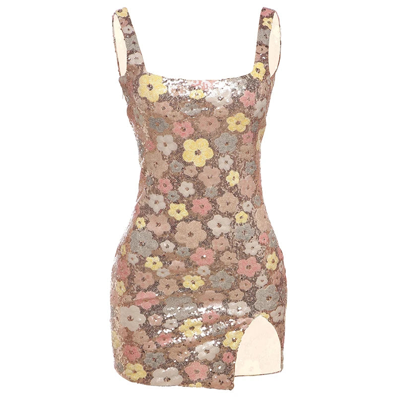 Floral Sequin Mini Dress – Sleeveless Bodycon Party Outfit