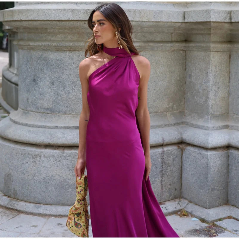 One Shoulder Satin Maxi Dress – Elegant Evening Gown