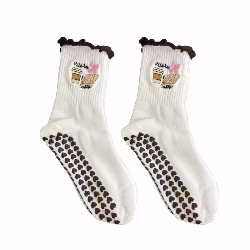Ruffle Black Non Slip Grip Socks Women – Pilates, Yoga & Fitness Knitted Embroidered Socks