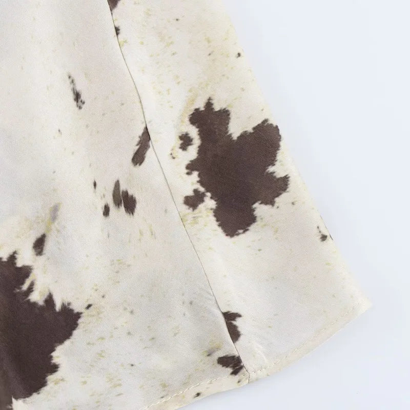 Cow Print Satin Set – Top & High Waist Skirt