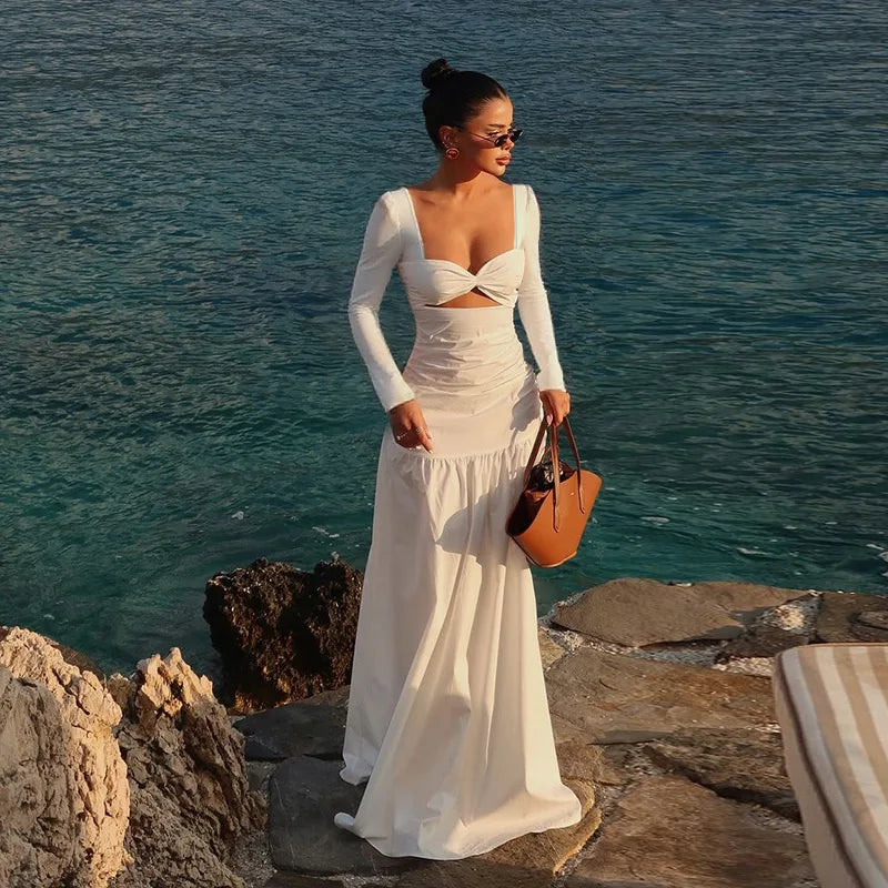 White Cut Out Maxi Dress – Elegant Long Sleeve A Line Beach Outfit