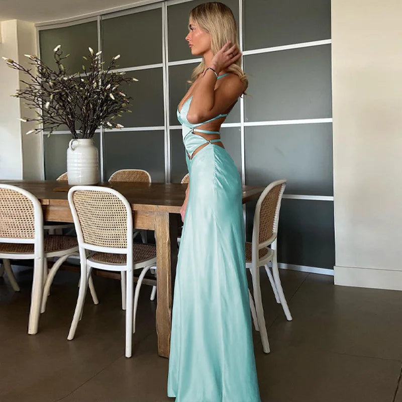 Satin Maxi Dress – Cut Out Spaghetti Strap Gown