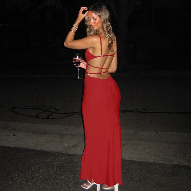 Satin Maxi Dress – Cut Out Spaghetti Strap Gown