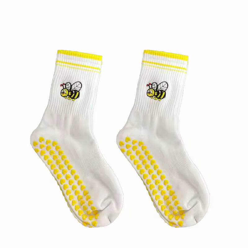 Yellow Non Slip Grip Socks Women – Pilates, Yoga & Fitness Knitted Embroidered Socks