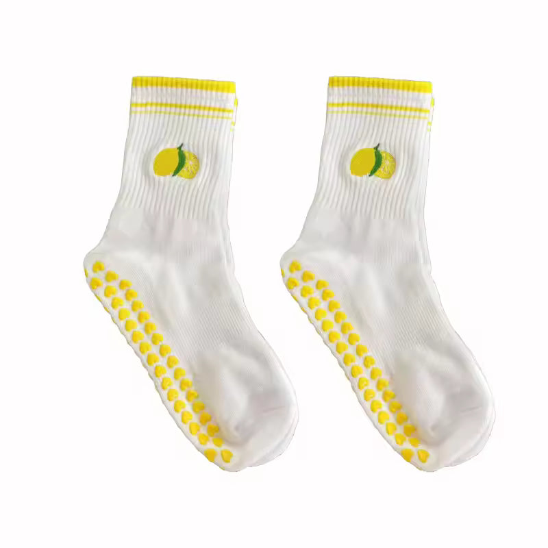 Yellow Non Slip Grip Socks Women – Pilates, Yoga & Fitness Knitted Embroidered Socks