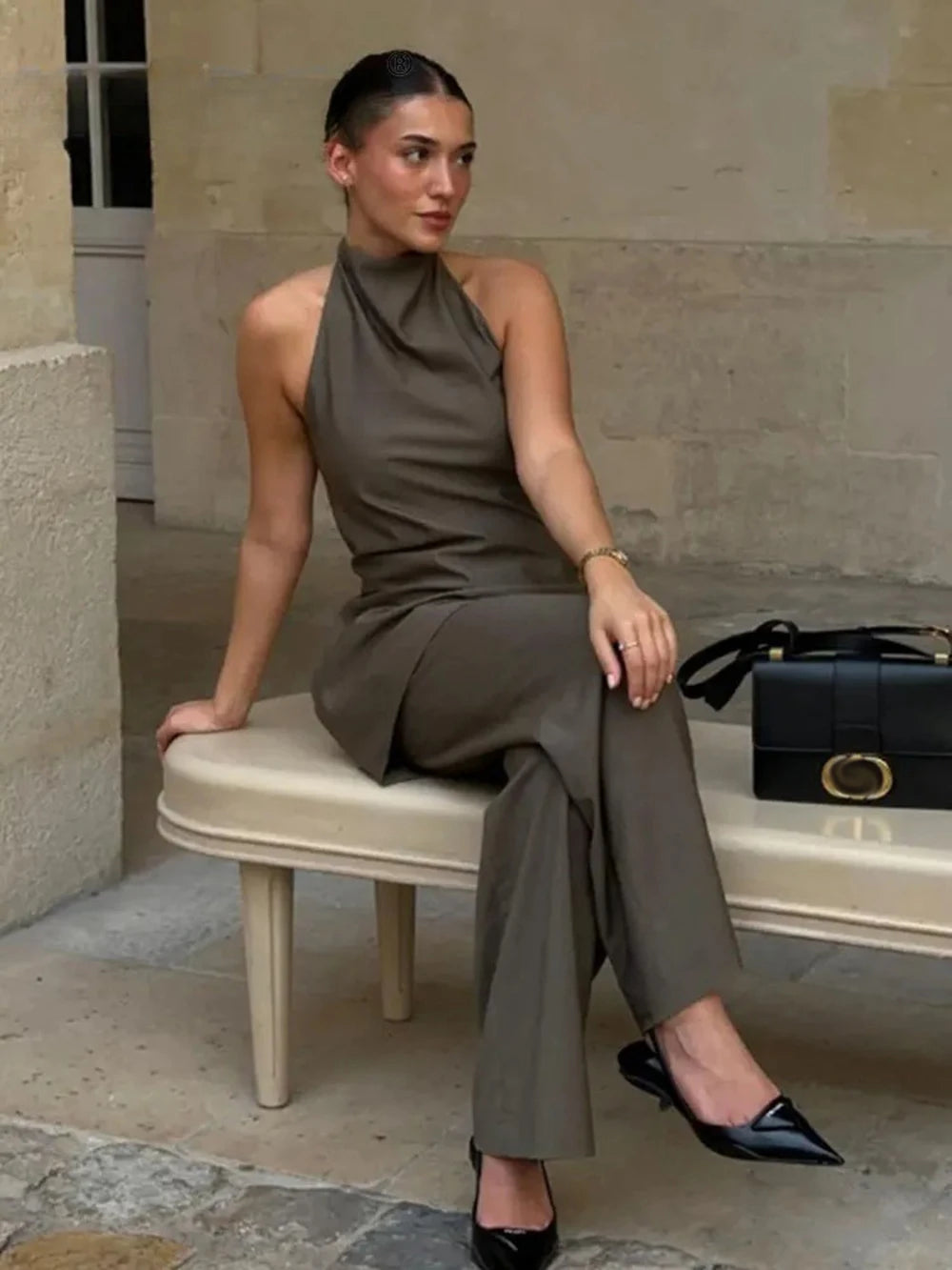 Summer Two Piece Set – Pleated Halter Top & Straight Wide Leg Pants