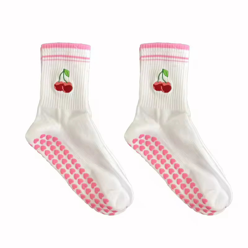 Pink Non Slip Grip Socks Women – Pilates, Yoga & Fitness Knitted Embroidered Socks