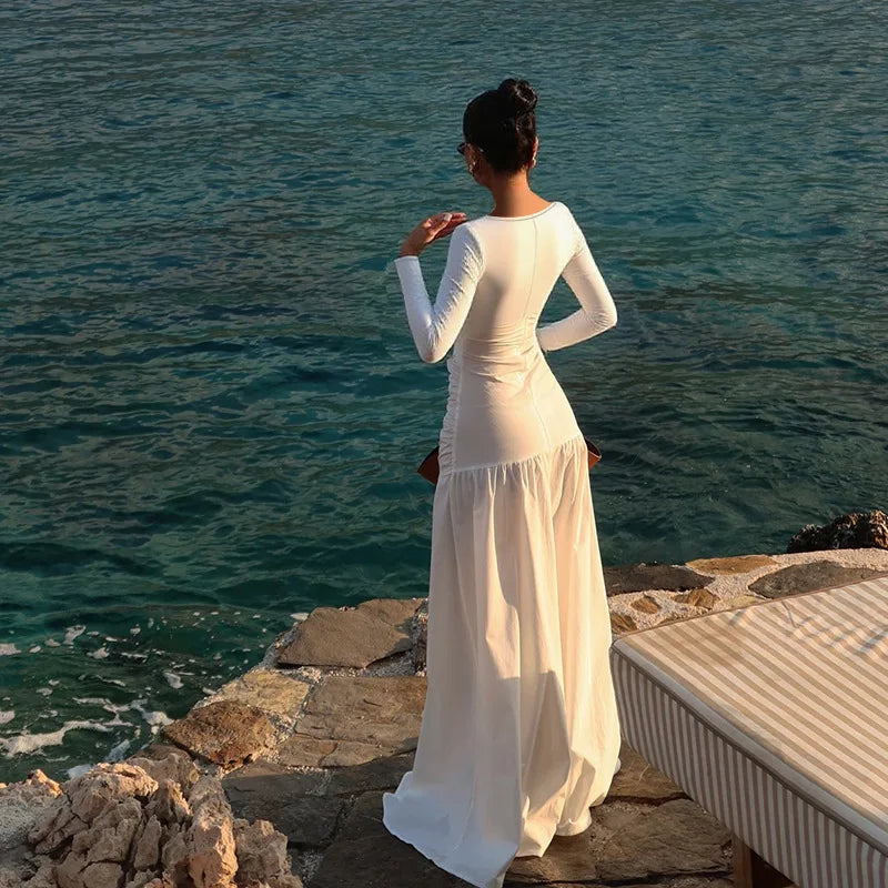 White Cut Out Maxi Dress – Elegant Long Sleeve A Line Beach Outfit