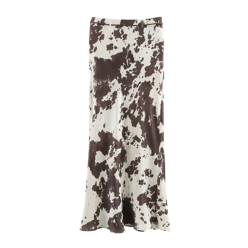 Cow Print Satin Set – Top & High Waist Skirt