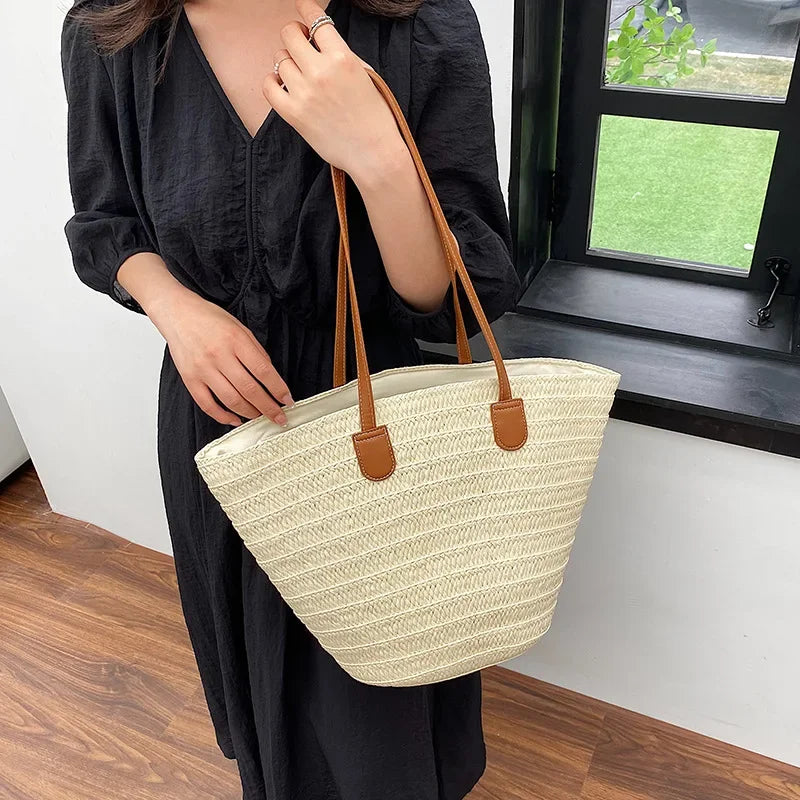 Straw Tote Bag – Large Capacity Woven Shoulder Handbag