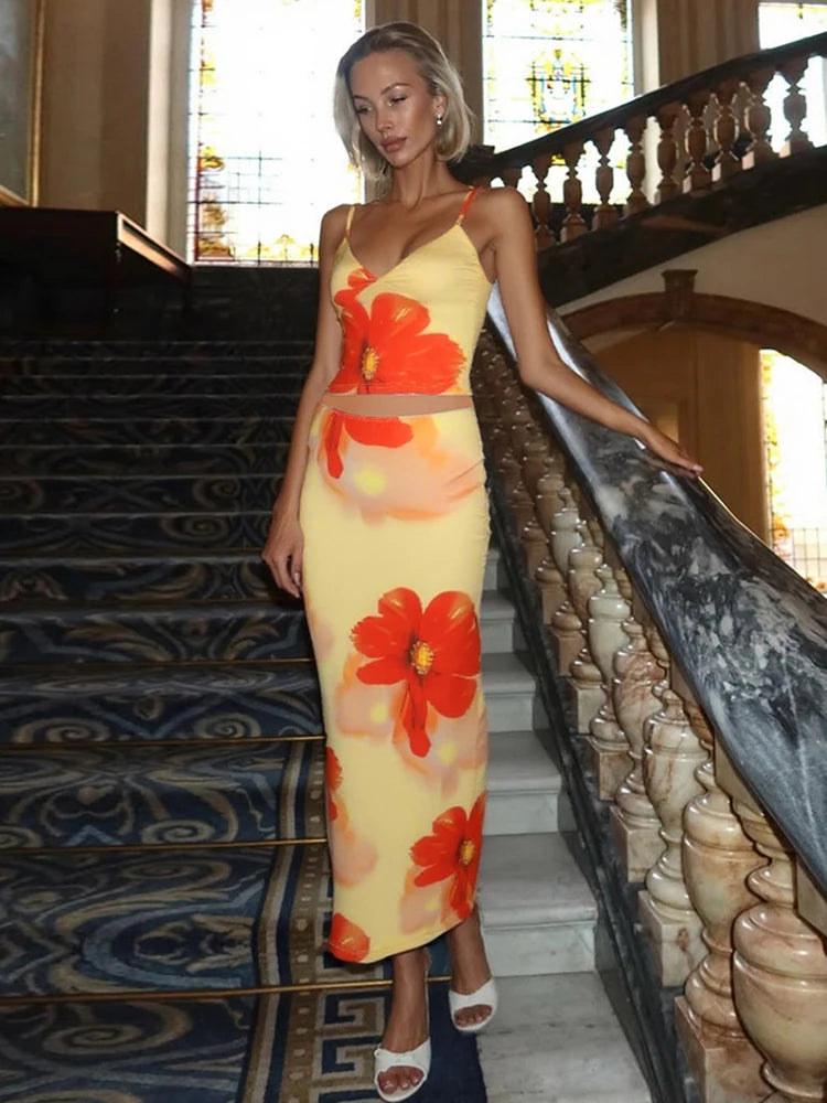 Stylish Print Two Piece Set – Satin Crop Top and Maxi Skirt