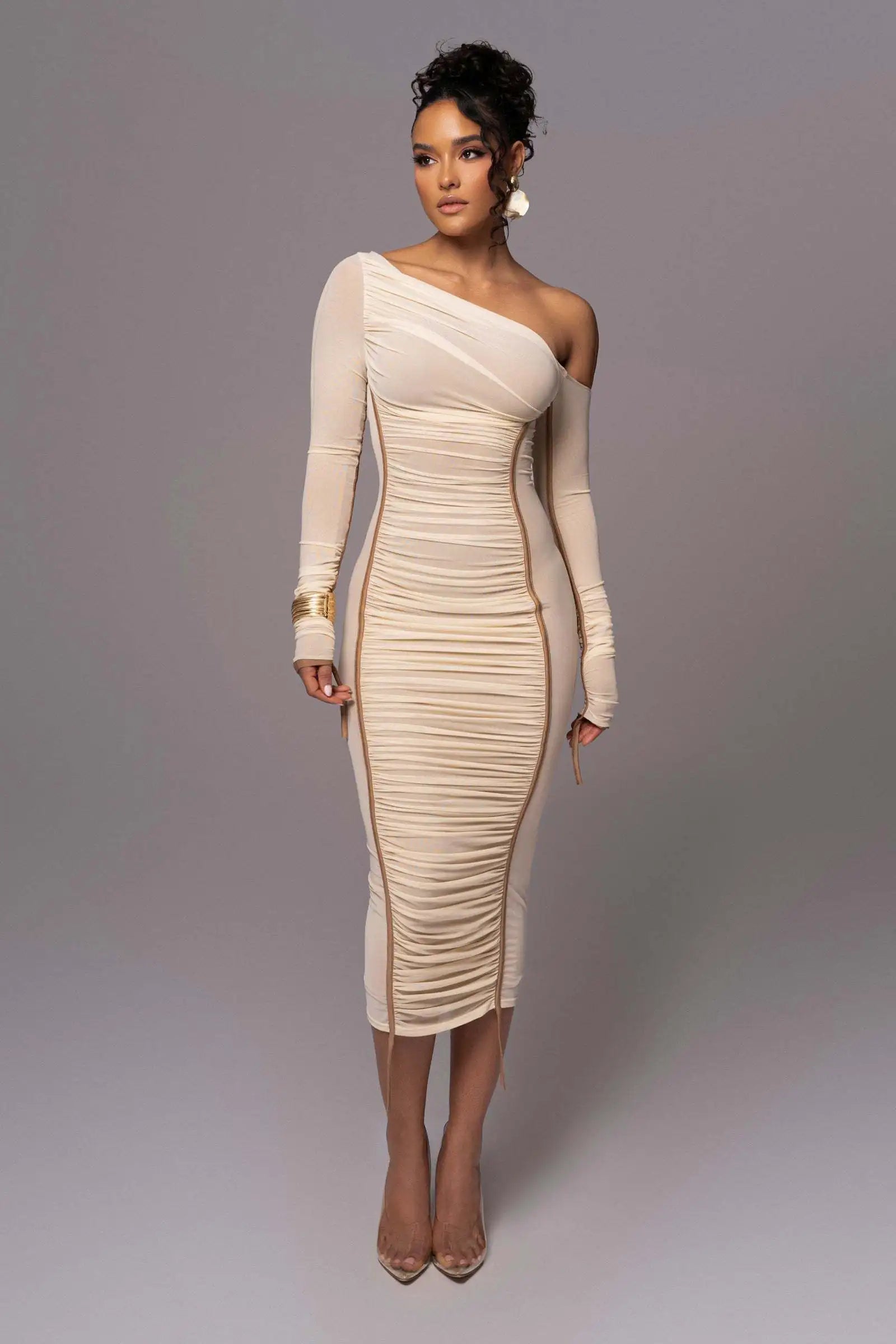 Elegant One Shoulder Long Sleeve Midi Dress – Bodycon Ruched Party Outfit